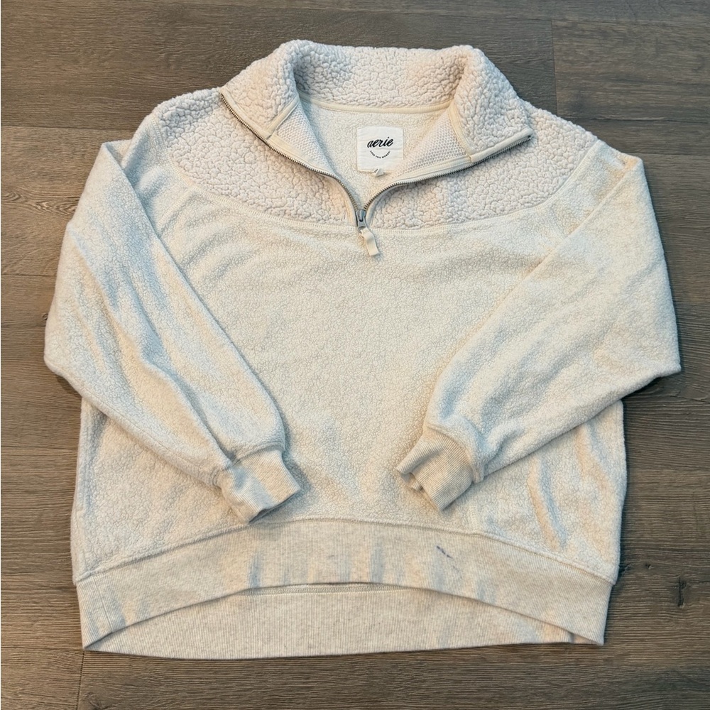 Aerie Sherpa Fleece Quarter Zip Pullover Sweatshirt Cream White
